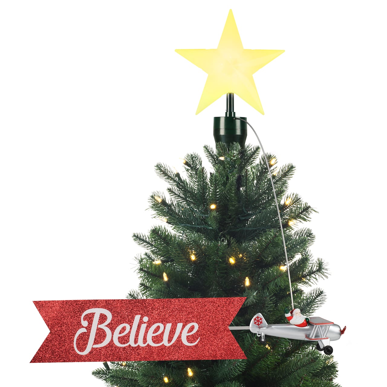 Santa's Biplane Animated Tree Topper with Banner